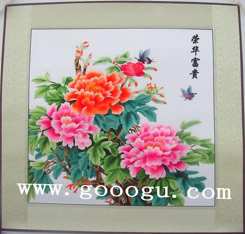 蘇繡牡丹畫，正方形牡丹刺繡畫