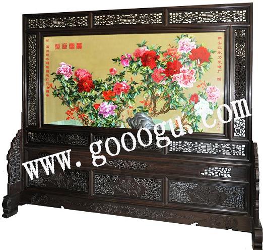 葛洲壩水利工程大廳屏風(fēng)：蘇繡屏風(fēng)，嬌古蘇繡，榮華富貴屏風(fēng)